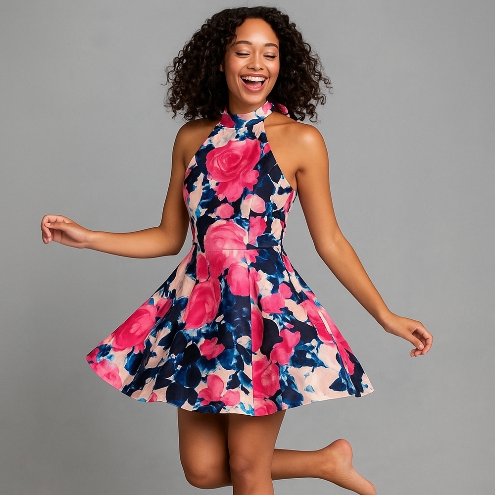 B. Darlin Floral Halter Fit Flare Skater Dress Fuchsia Dark Blue Baby Pink - 1/2